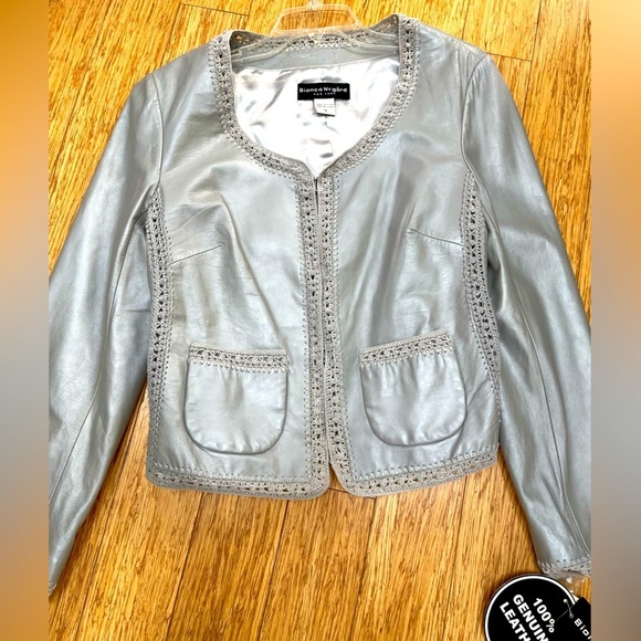 Bianca Nygard silver, size 12 leather jacket, front pockets hook closures NWT
